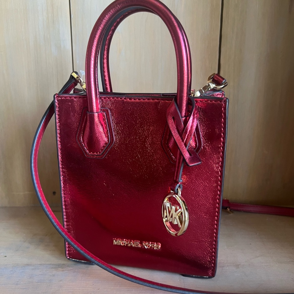 Michael Kors Mercer XS Tote red metallic leather crossbody handbag handle bag